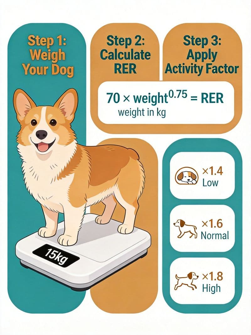 Step-by-step calorie calculation for dogs: RER formula and activity multipliers