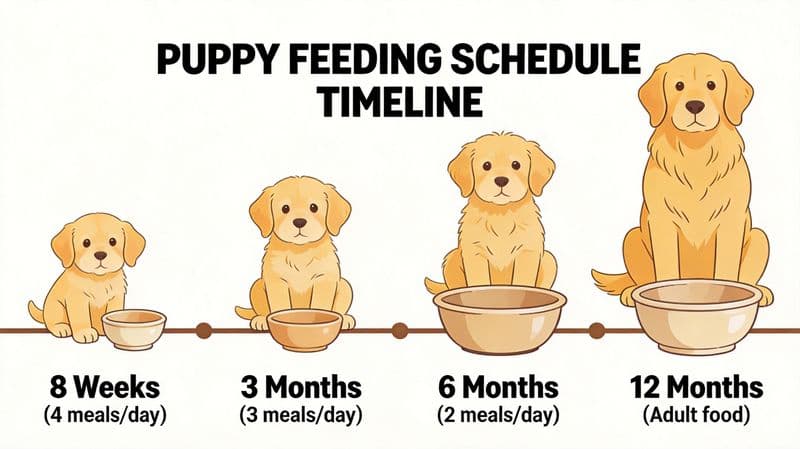 Puppy feeding schedule timeline: from 4 meals to 2 meals per day as puppy grows