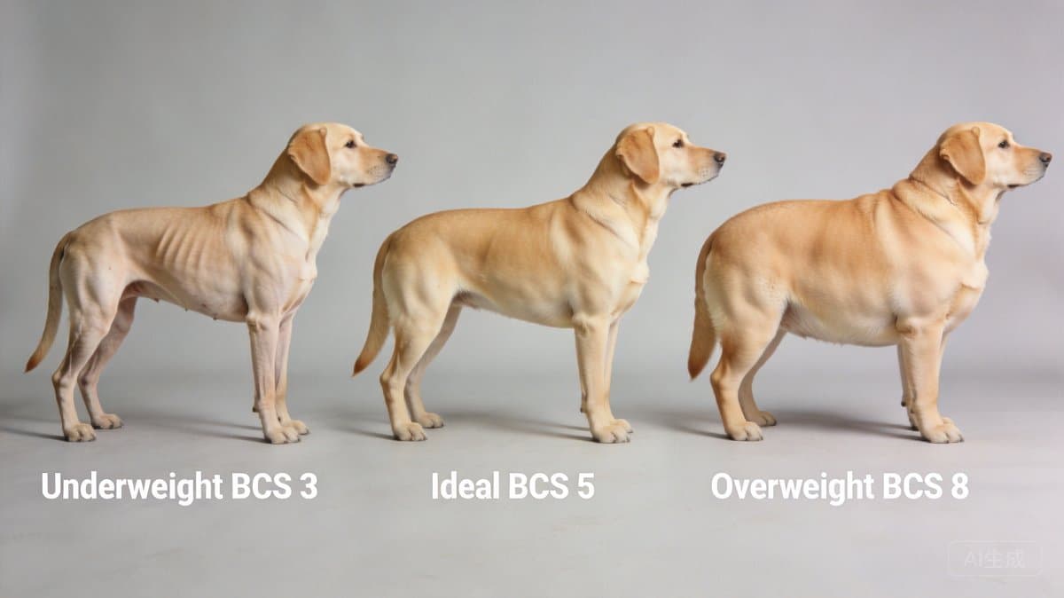 Dog Body Condition Score comparison: Underweight (BCS 3), Ideal (BCS 5), Overweight (BCS 8)